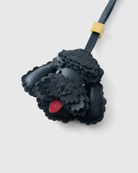 Handmade Poodle leather bag charm with 18K gold-plated keychain clip and engraved STICKYZOO gold tag — for keys, bags, and backpacks. French Alran goatskin.