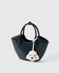 Handmade Poodle leather bag charm with engraved 18K gold-plated cube hardware — French Alran goatskin, 3-day artisan build.