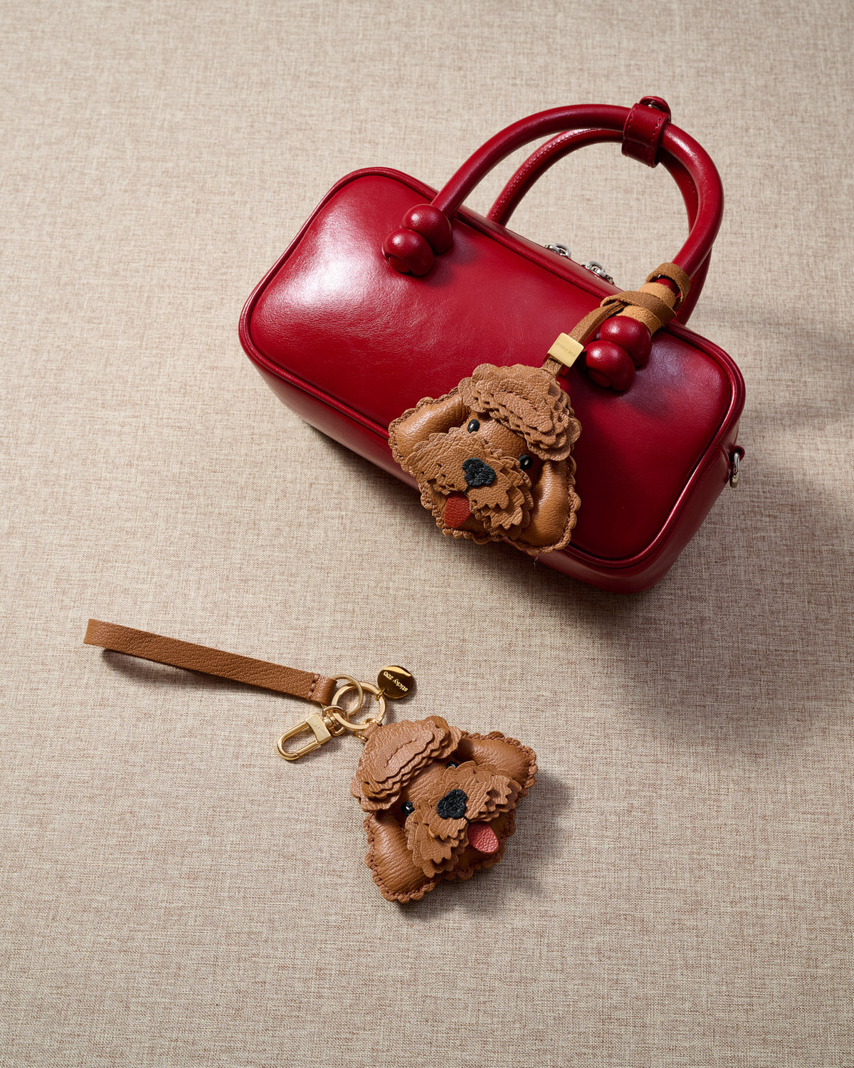 Brown Poodle Charm Luxury Leather Bag Charm & Keychain - Handmade