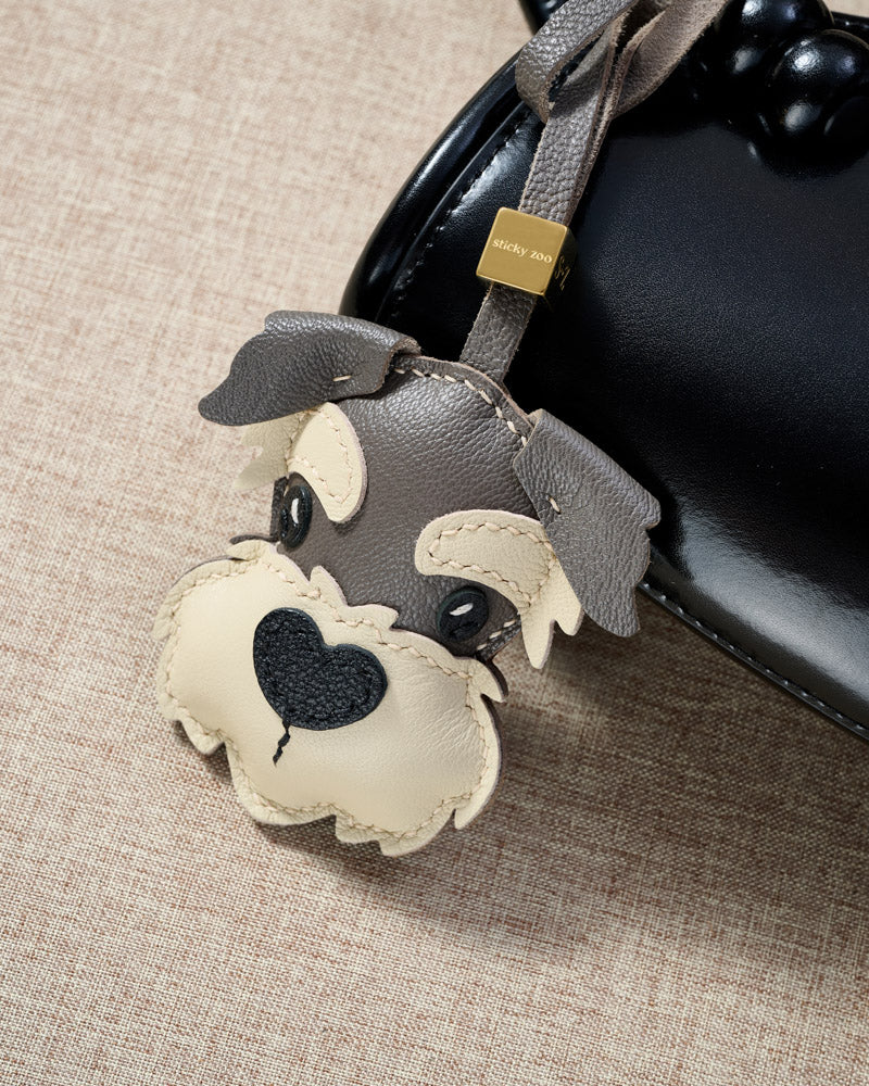 Schnauzer Leather Bag Charm & Keychain – Handmade in Gray Leather