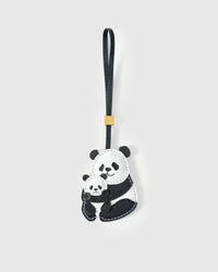 PANDA CHARM charm handmade from French Alran genuine goatskin — A mama panda holding a baby panda. Black-and-white French. Three days by hand. Arrives in luxury gift packaging. Designed in Amsterdam.