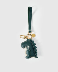 Green dinosaur on an 18K gold-plated keychain clip with engraved STICKYZOO disc — clips to keys, bags or backpacks.