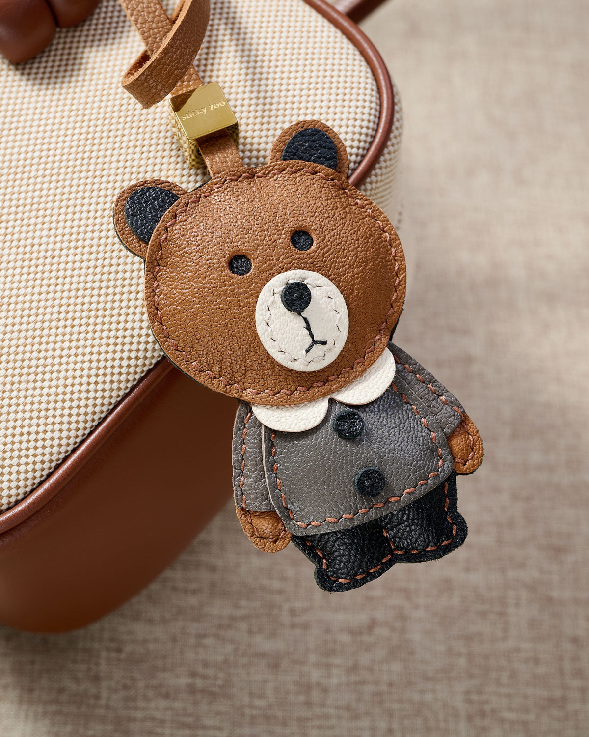 Teddy Bear Leather Bag Charm & Keychain – Handmade in Brown and