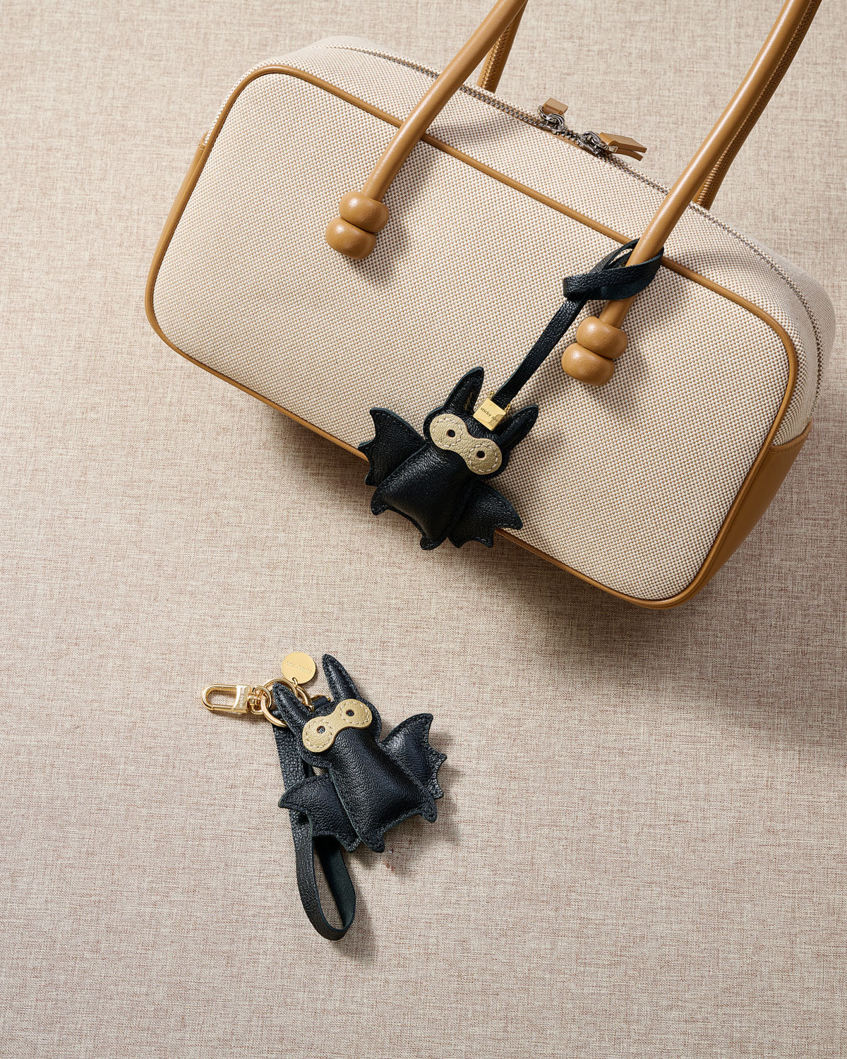 Bat Leather Bag Charm & Keychain – Handmade in Black and Gold
