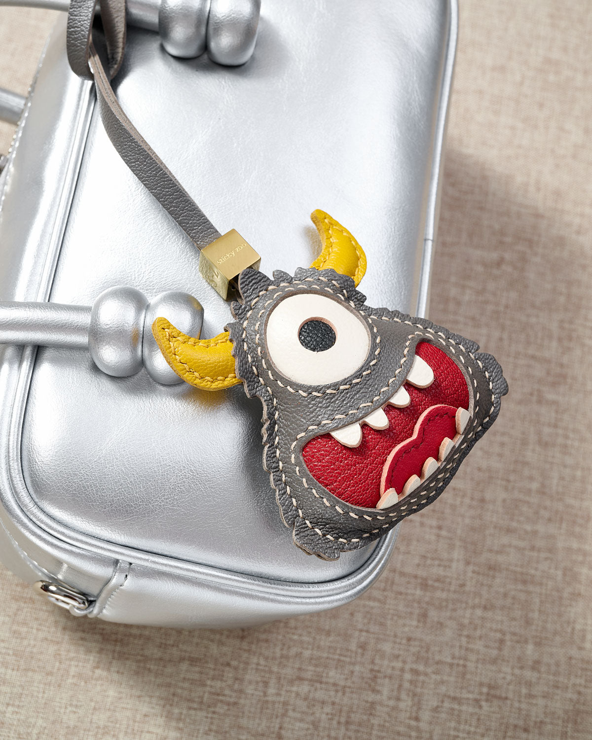 Little Monster Leather Bag Charm & Keychain – Handmade in Gray