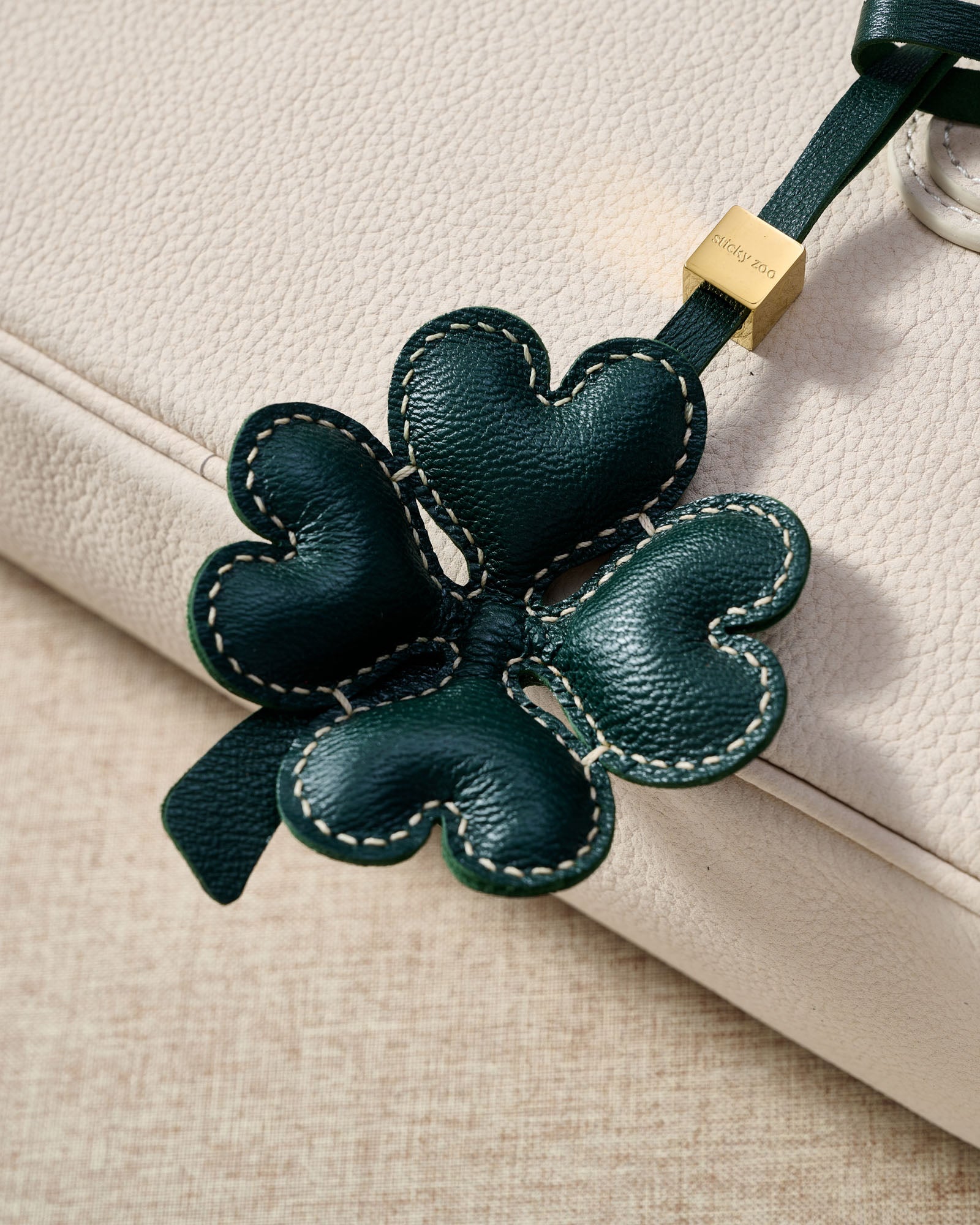 Lucky Clover Charm in Forest Green — Handmade French Leather 3D