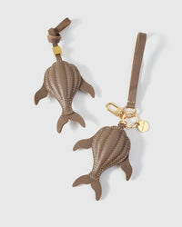 Taupe whale on an 18K gold-plated keychain clip with engraved STICKYZOO disc — clips to keys, bags or backpacks.