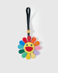 STICKYZOO Night Flower Charm — 12 colours of French Alran goatskin petals with golden smiley face centre, dark strap. 3-day handmade piece.