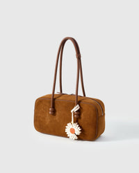 STICKYZOO Daisy Charm with engraved gold hardware cube — handmade French Alran goatskin, white with orange suede centre.