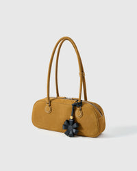 STICKYZOO Daisy Bag Charm with engraved gold hardware cube — handmade French Alran goatskin, black.