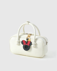 Black Mickey AirTag holder on an 18K gold-plated keychain clip with engraved STICKYZOO disc — clips to keys, bags or backpacks.