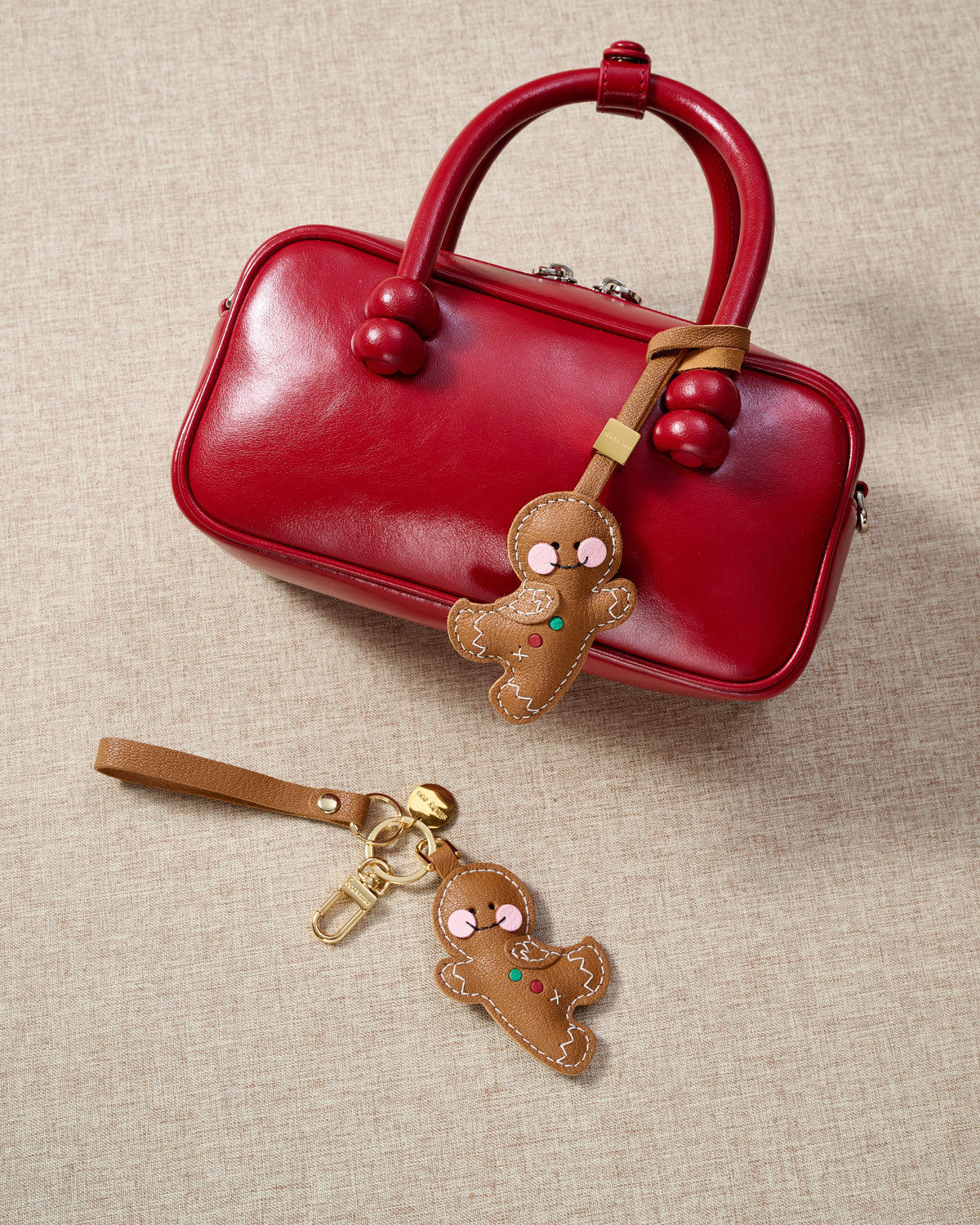 Gingerbread Doll Bag Charm & Keychain – Handmade in Brown Leather