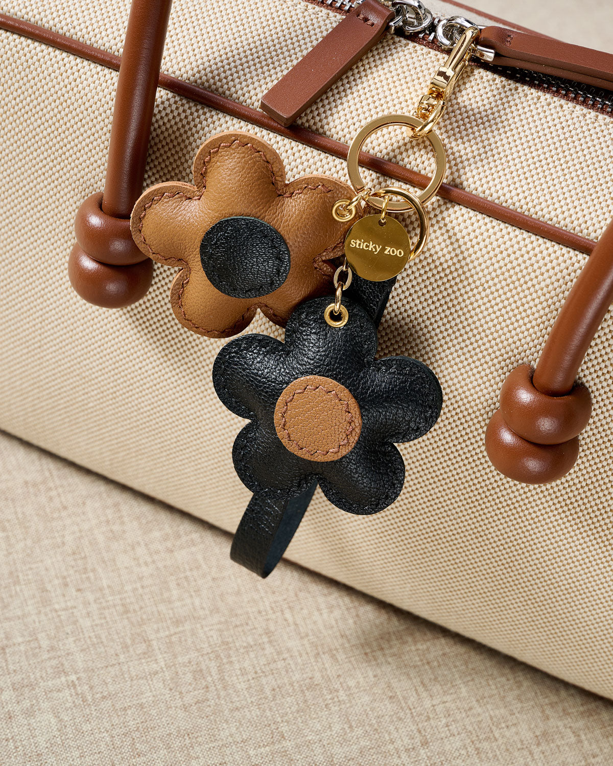 Twin Flowers Charm in Navy + Caramel — Handmade French Leather