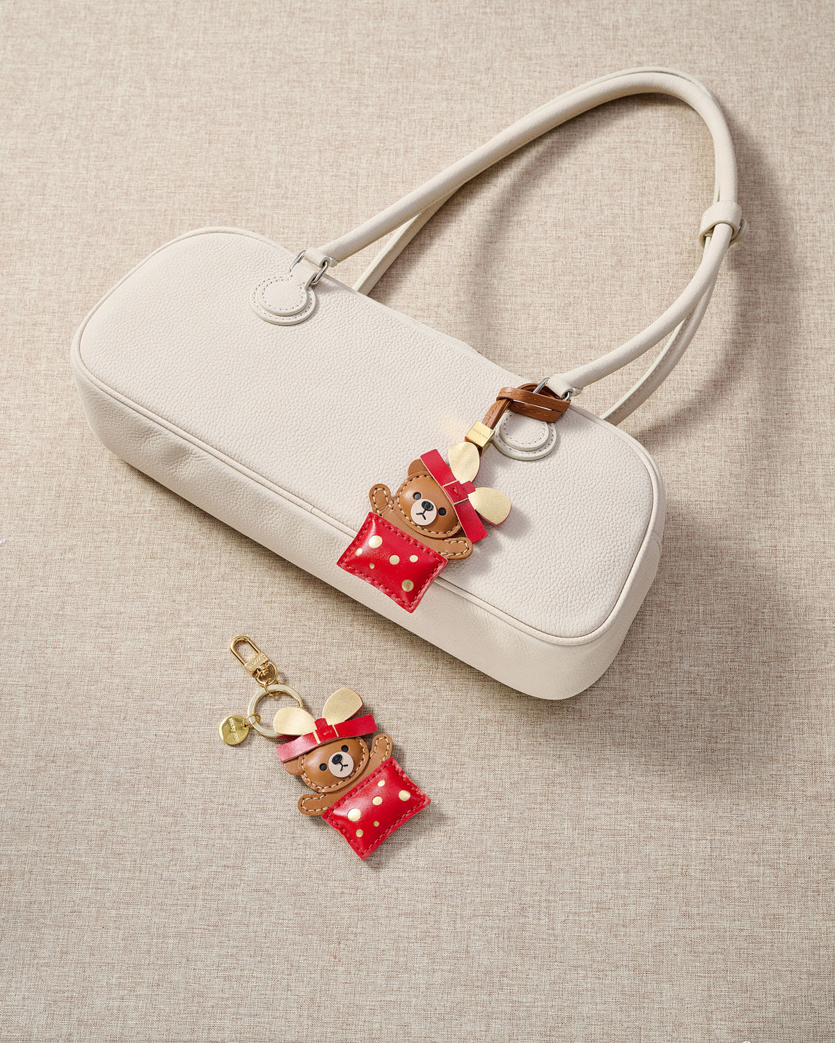 Teddy Bear Gift Leather Bag Charm & Keychain – Handmade in Red
