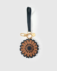 STICKYZOO Sunflower Charm in caramel over dark navy French Alran goatskin. Hand-cut, hand-stitched. Designed in Amsterdam.