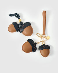 STICKYZOO Acorns Charm — hand-layered French Alran goatskin, twin acorn pair with dash stitching. Designed in Amsterdam.