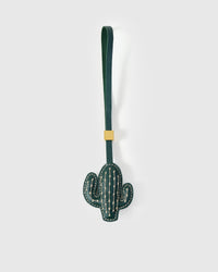STICKYZOO Cactus Charm with engraved gold hardware cube — handmade French Alran goatskin, warm tan.