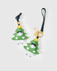 Kitten In Christmas Tree on an 18K gold-plated keychain clip with engraved STICKYZOO disc — clips to keys, bags or backpacks.