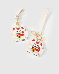 Maneki Neko (Lucky Cat) on an 18K gold-plated keychain clip with engraved STICKYZOO disc — clips to keys, bags or backpacks.