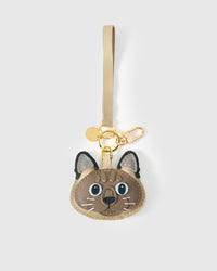 Tonkinese cat on an 18K gold-plated keychain clip with engraved STICKYZOO disc — clips to keys, bags or backpacks.