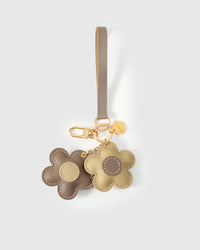 STICKYZOO Twin Flowers Charm — mixed taupe and olive French Alran goatskin blooms with contrast centres, gold keychain clip. 3-day handmade piece.