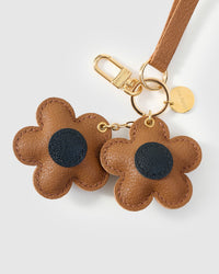 Close-up of STICKYZOO Twin Flowers Charm — full-grain French Alran goatskin from Tarn, France. Twin five-petal blooms on gold keychain. 3-day handmade piece.