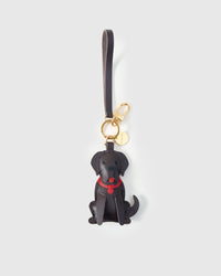 Handmade Golden Retriever leather bag charm with 18K gold-plated keychain clip and engraved STICKYZOO gold tag — for keys, bags, and backpacks. French Alran goatskin.