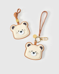Toast Bear on an 18K gold-plated keychain clip with engraved STICKYZOO disc — clips to keys, bags or backpacks.