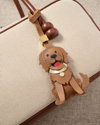 Handmade Golden Retriever leather bag charm — French Alran goatskin from a tannery founded in 1903 in Tarn, France. STICKYZOO.