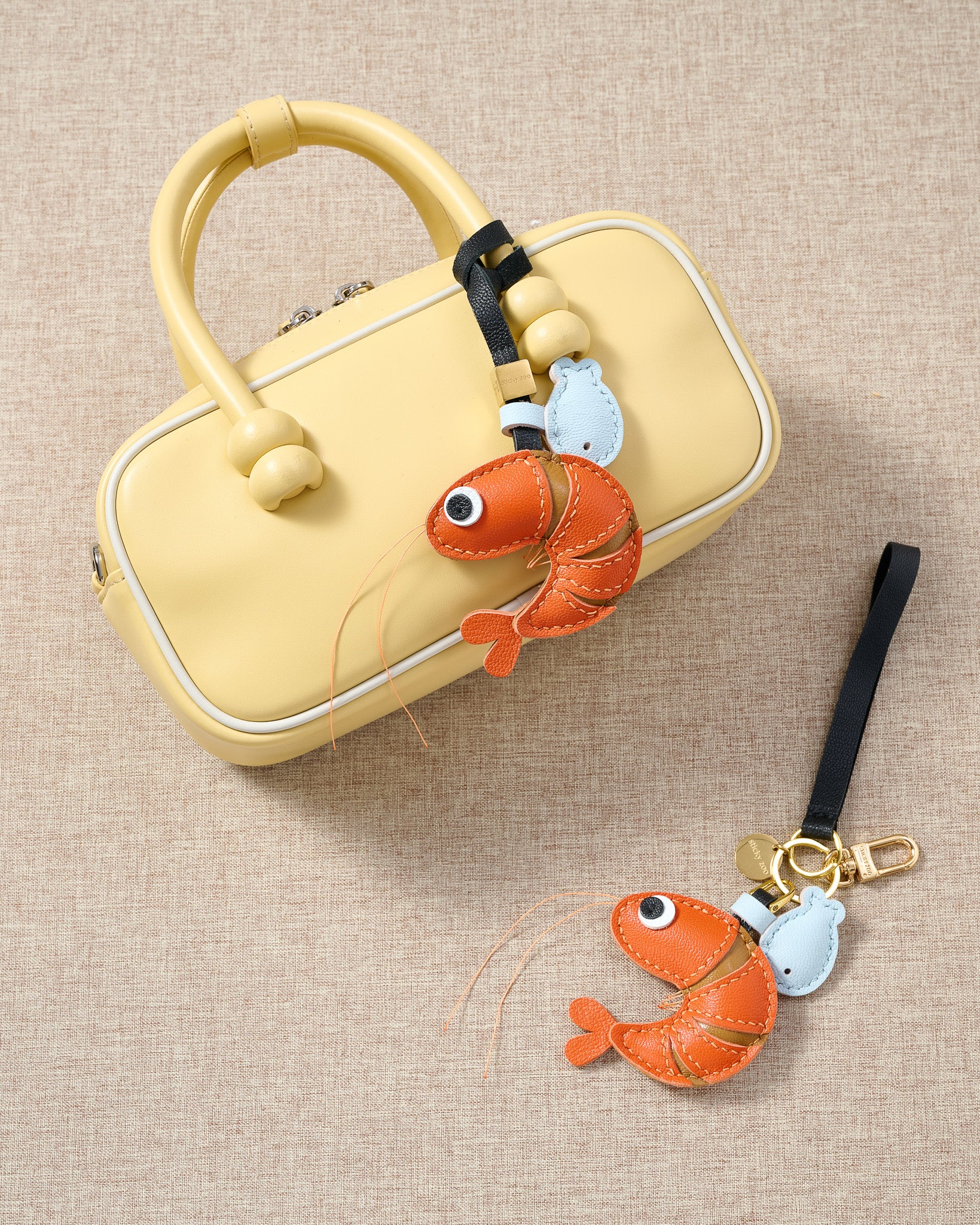 Shrimp Leather Bag Charm & Keychain – Handmade Gift – STICKYZOO®