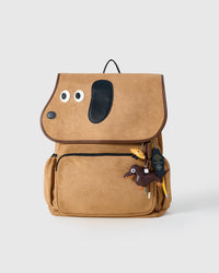 STICKYZOO Woofy Dogface Dachshund Backpack in tan faux suede with dachshund face flap, leather charm bundle included, designed in Amsterdam
