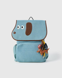 STICKYZOO Capster Dachshund Backpack in white with black dalmatian spots, dachshund face flap, leather charm bundle included, designed in Amsterdam