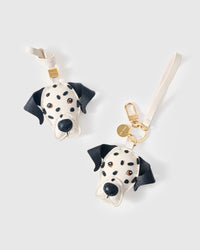 Handmade Dalmatian Luxe leather bag charm with 18K gold-plated keychain clip and engraved STICKYZOO gold tag — for keys, bags, and backpacks. French Alran goatskin.