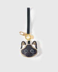 Siamese cat on an 18K gold-plated keychain clip with engraved STICKYZOO disc — clips to keys, bags or backpacks.