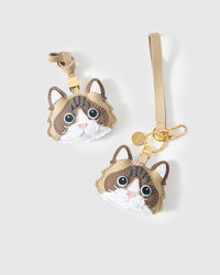 Both editions of the Latte Paws Ragdoll side by side — leather strap loop for bags, or 18K gold-plated keychain clip.