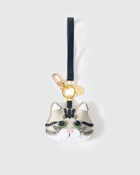 Silver Tabby American Shorthair on an 18K gold-plated keychain clip with engraved STICKYZOO disc — clips to keys, bags or backpacks.