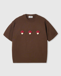 STICKYZOO Mushroom T-Shirt in brown with three hand-stitched red-and-white plush mushroom appliques