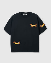 STICKYZOO Dachshund Parade T-Shirt in black with three hand-stitched 3D plush dachshunds in yellow sweaters