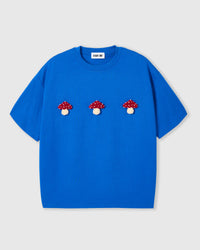 Front flat-lay of STICKYZOO Mushroom T-Shirt in blue with plush mushrooms