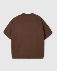 Back view of STICKYZOO Mushroom T-Shirt in brown showing oversized boxy fit