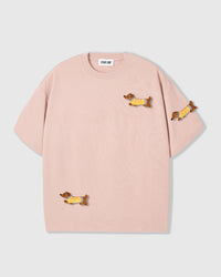 STICKYZOO DACHSHUND PARADE T-SHIRT in Pink featuring 3 hand-stitched plush dachshunds, designed in Amsterdam