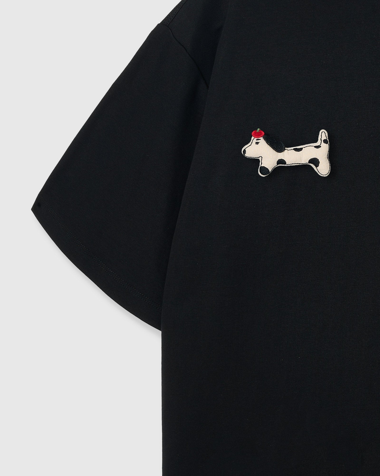 {{Each one sewn by hand}} Single plush spotted dachshund appliqué with red beret — hand-stitched on 230gsm cotton