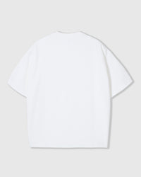Back view of white Saint Teddy Bear T-Shirt showing dropped shoulders and wide sleeve