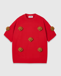 STICKYZOO Poodle Parade T-Shirt in red with seven hand-stitched plush poodle appliques