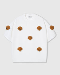 STICKYZOO Poodle Parade T-Shirt in white with seven hand-stitched 3D plush poodle face appliques