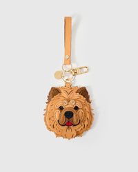 Handmade Chow Chow leather bag charm with 18K gold-plated keychain clip and engraved STICKYZOO gold tag — for keys, bags, and backpacks. French Alran leather and suede.