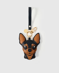 Handmade Chihuahua leather bag charm with 18K gold-plated keychain clip and engraved STICKYZOO gold tag — for keys, bags, and backpacks. French Alran leather and suede.