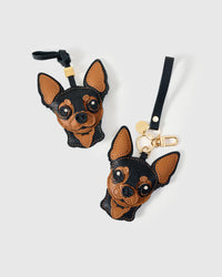 Handmade Chihuahua leather bag charm with 18K gold-plated cube hardware engraved with STICKYZOO — French Alran leather and suede, 5-day artisan build.