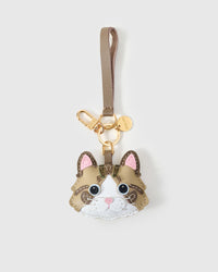 Taupe-Strap Tabby Cat on an 18K gold-plated keychain clip with engraved STICKYZOO disc — clips to keys, bags or backpacks.