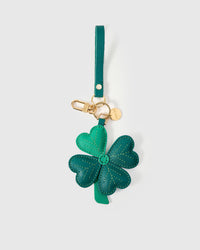 STICKYZOO Lucky Clover Charm — dual attachment option: leather strap for bags or keychain clip. French Alran goatskin.